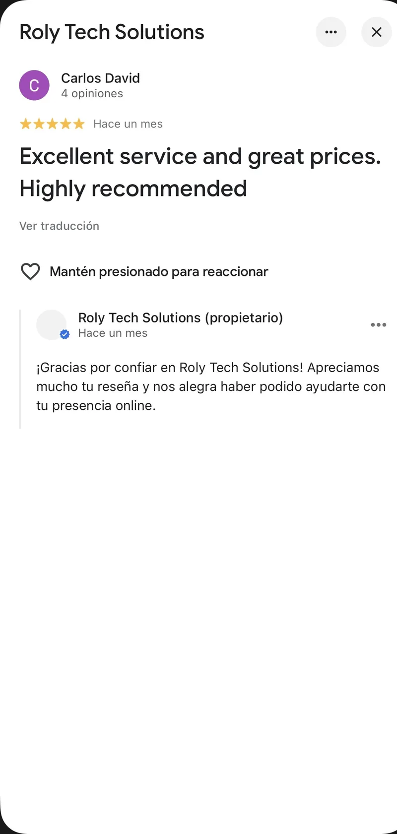 Captura de reseña real de Google para Roly Tech Solutions
